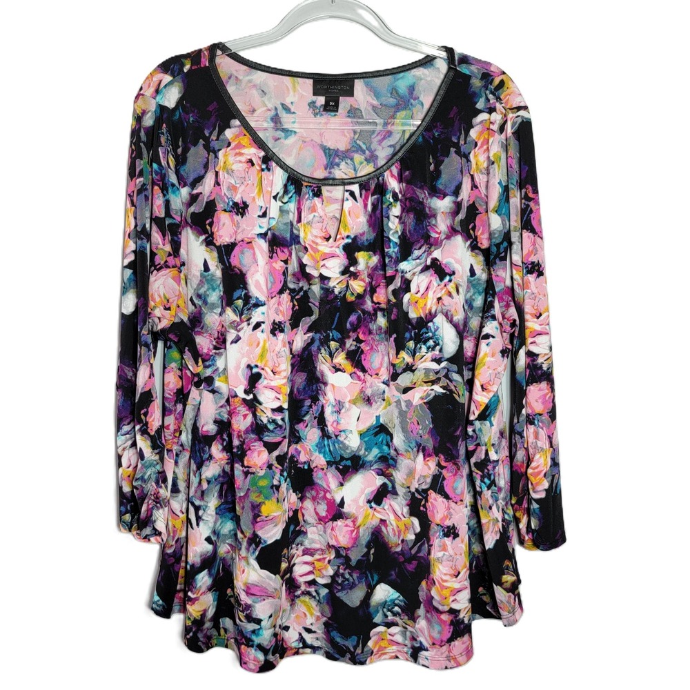 Worthington Womans 3X Floral Blouse 3/4 Sleeve Faux Leather Trim Keyhole Stretch